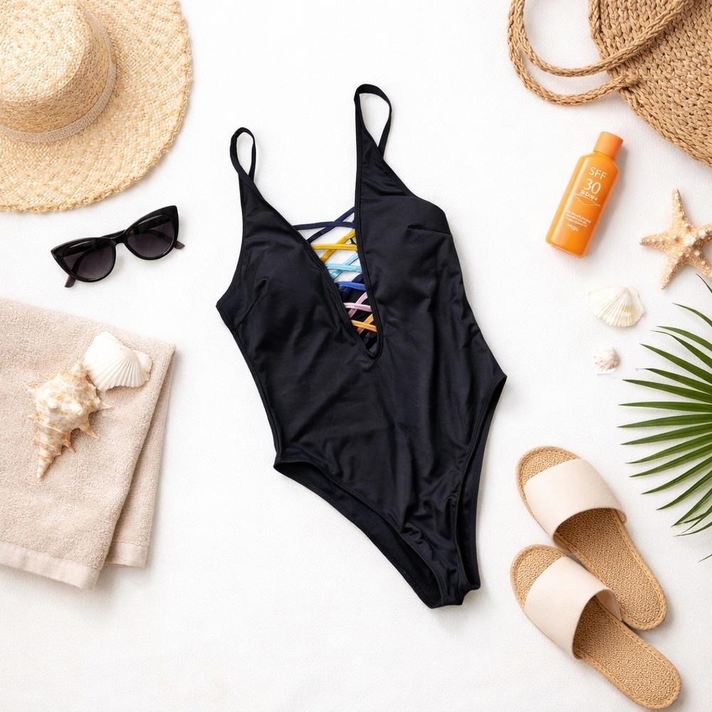 Black Plunge One Piece Swimsuit Rainbow Lace Up Back Plus 0XL